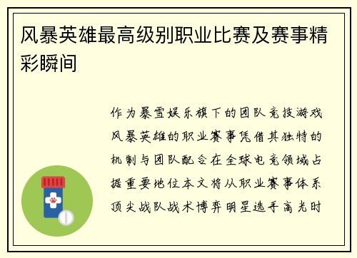 风暴英雄最高级别职业比赛及赛事精彩瞬间